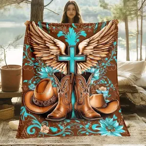 Country Faith Cowboy Cross Wing Print Flannel Blanket, Ultra-Soft Cozy Throw with Western Christian Artwork, Warm Bed Couch Sofa Blanket for Bedroom and Home Office, Rustic Room Decor Gift for Faith Lovers