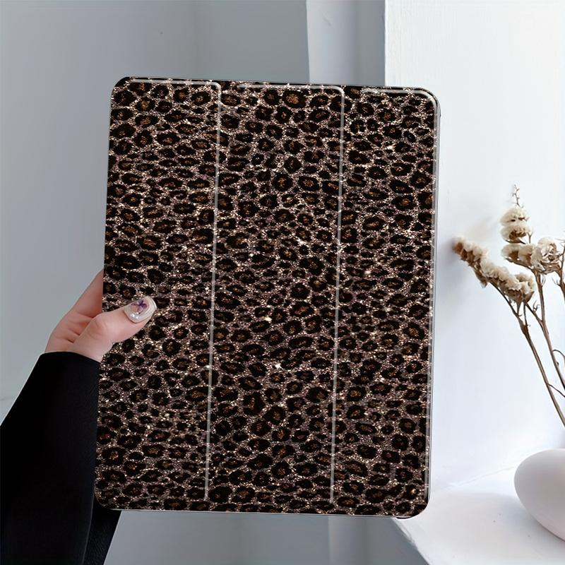 Glittery Brown Leopard Print iPad Case, Tablet Cover, Transparent Acrylic Hard Back Panel With Pencil Slot, Scratch-resistant Ultra-thin, Shock-resistant, Suitable for All iPad models, offices, schools, and homes