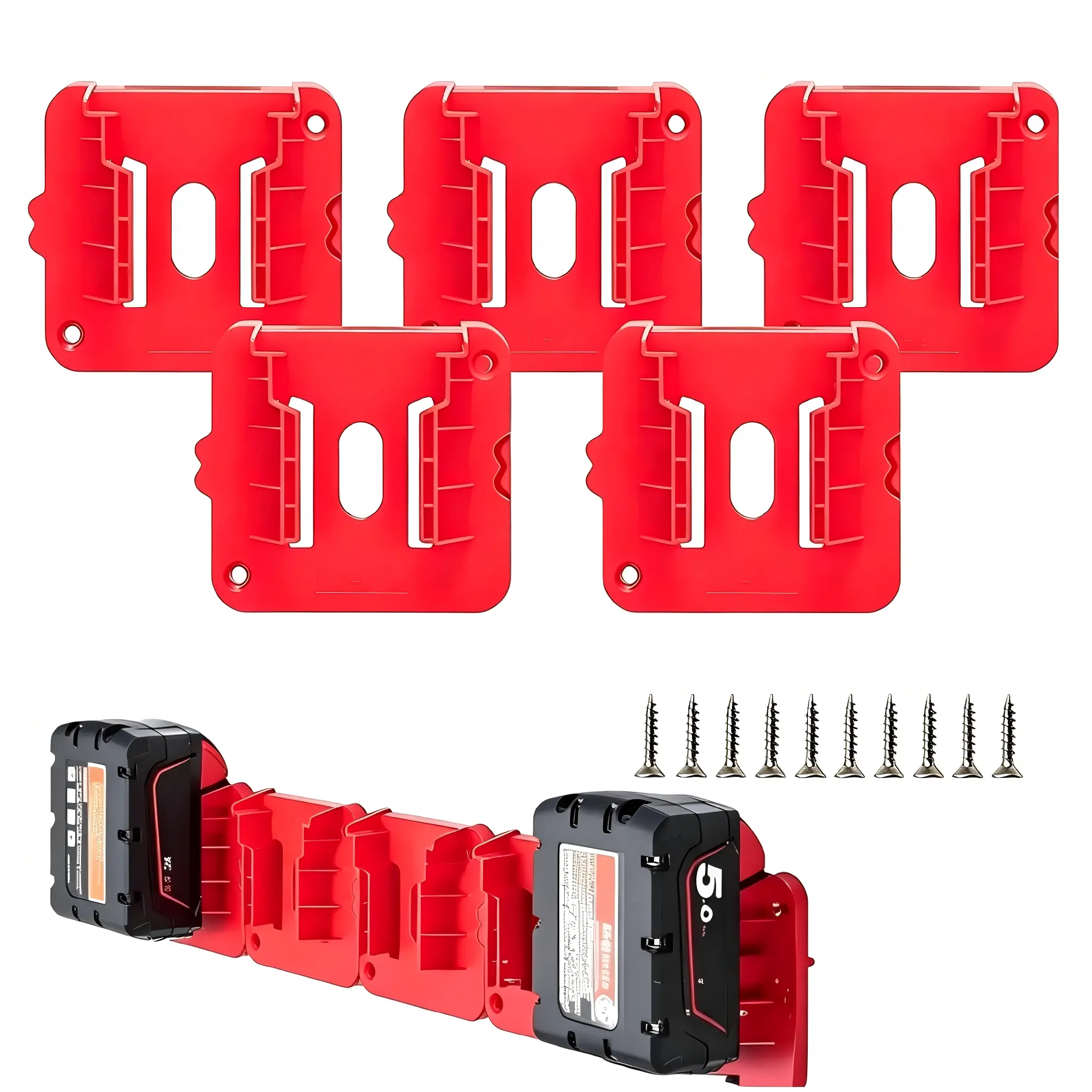 5PCS Battery Holder Compatible for Milwaukee 18V Battery, Wall Mount Batteries Storage for Work Van, Shelf, Toolbox
