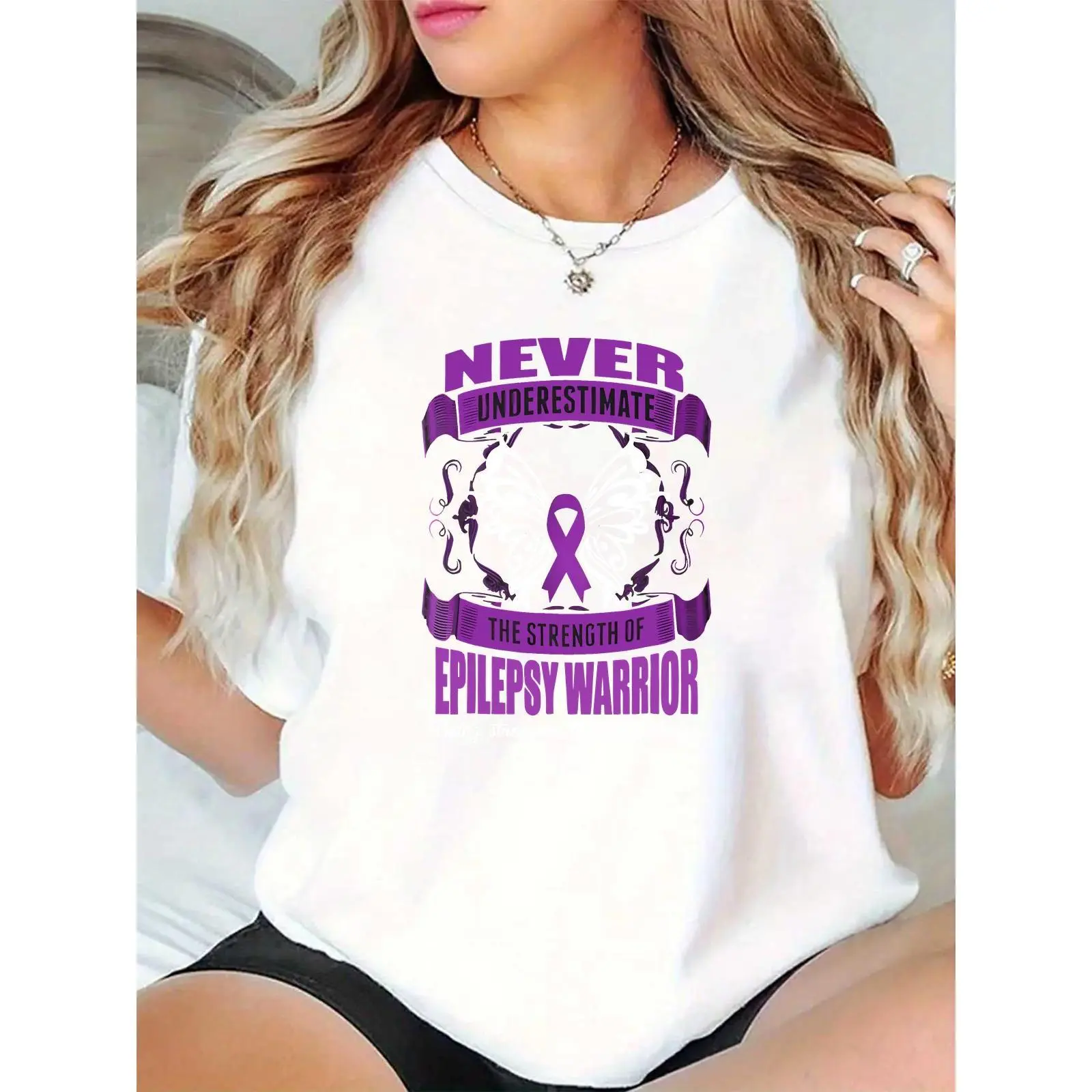 Women's Short-Sleeve Basic Fit Epilepsy Warrior T-Shirt - Purple Ribbon Butterfly Graphic, Never Underestimate Strength, Day Wear for Epilepsy Awareness Support (Note: Skirts omitted to avoid misrepresentation of core t-shirt identity), Ladies, Comfortabl