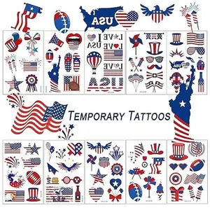 Temporary Tattoos, 90Pcs Independence Day Tattoos (10 Sheets) American Flag Red White & Blue Design USA Body Art Patriotic Stickers for Labor Day Memorial Day Decoration Party Supplies Flags