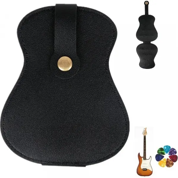Guitar Pick Holder Case, Leather Guitar Shaped Plectrum Storage Pouch, Portable Guitar Pick Bag with Snap Button, Hanging Design Guitar Pick Holder for Acoustic Electric Guitar Bass Ukulele, Hold Multiple Guitar Picks