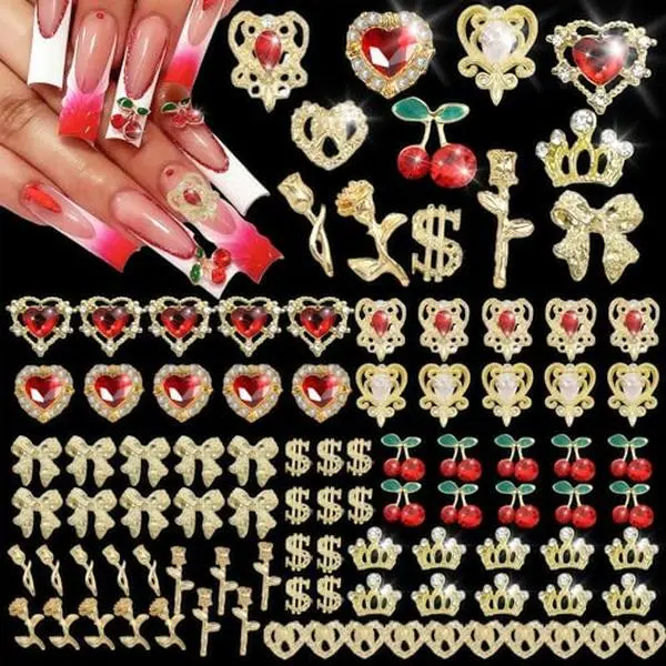 85 Pcs 3D Gold Nail Charms Y2K Bulk Nail Art Decor Set Nail Charms and Gems Including Heart Rhinestones for Nails, Cherries, Dollars, Roses, Crowns, and More for Nail Art Decoration Jewelry