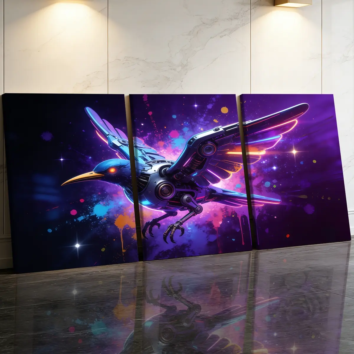 3 Counts Wooden Framed Canvas Painting, Cool Future Technology Mechanical Bird Images, Exquisite Poster, Perfect Gift, Decor For Living Room, Bedthroom, Modern Art, Fashion Family Poster, Wall Art Decoration