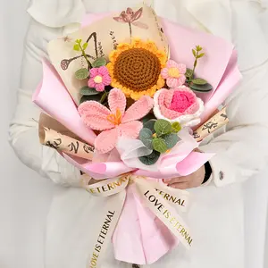 Sunflower Red Rose Knitted Bouquet - Handmade Crochet Wool Decorative Flowers - Tulip Rose Plants