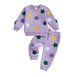 Toddler Girl Boy Mardi Gras Outfit Star Bow Embroidery Sweatshirt Pullover and Long Sweatpants Circus Carnival Clothes Set