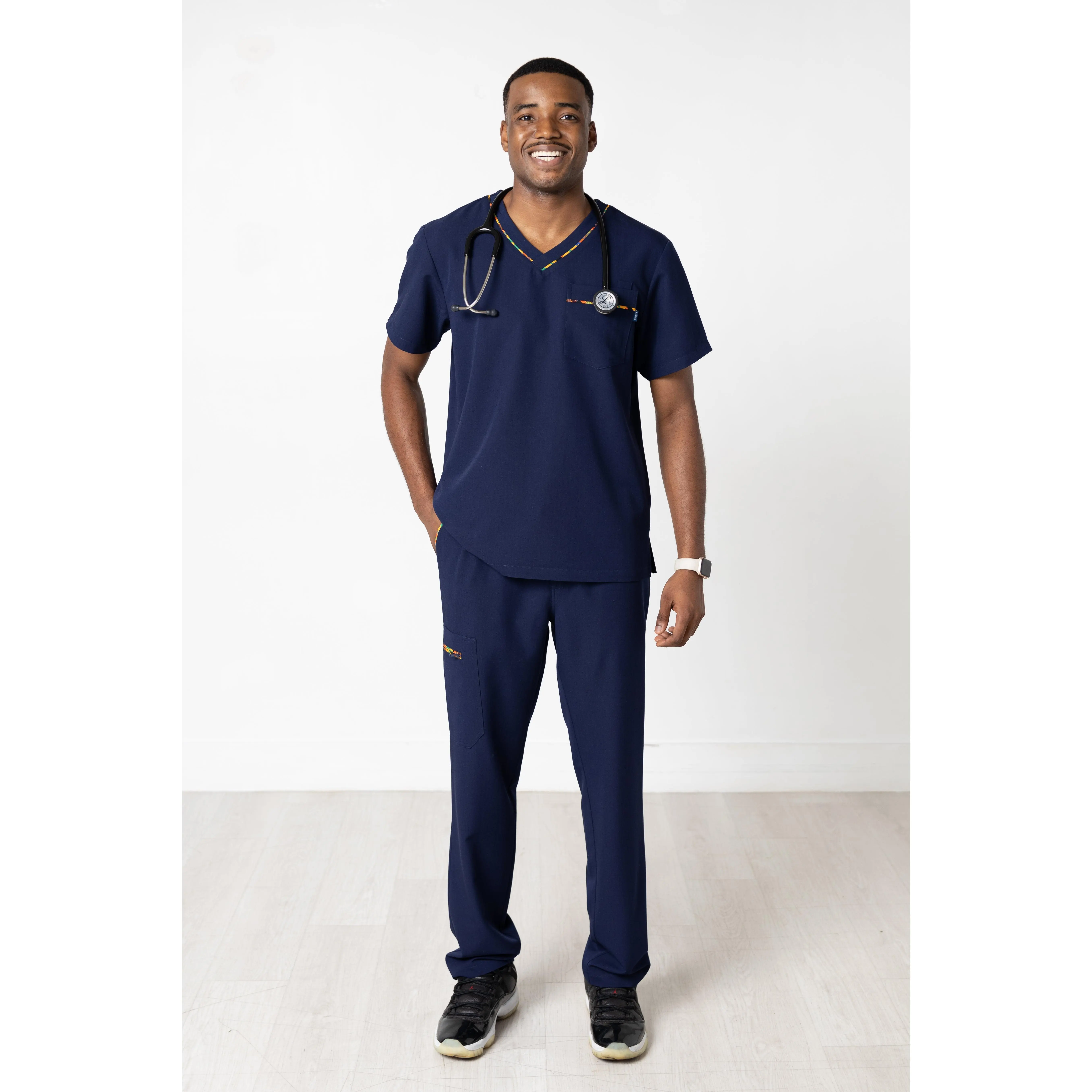 Men's Heritage Pop 2-Piece Stretch Fabric Scrub Uniform Set - Menswear Top & Pants, Navy, Uniforms, Workwear, Straight, Classic, Matching, Athletic