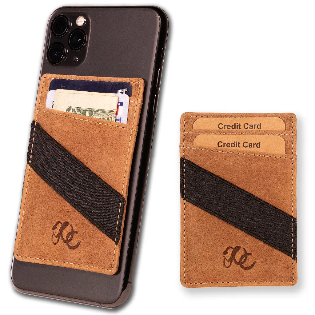 Stick On Phone Wallet - Brown Leather Wallet with Black Strap, Compatible with Various Devices, Ideal for Everyday Use