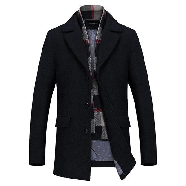 INVACHI Men's Fitted Wool Blend Collared Neck Coat - Warm Winter Single-Breasted Button Tops, Longsleeves Overgarment with Detachable Soft Scarf, Casual Jacket