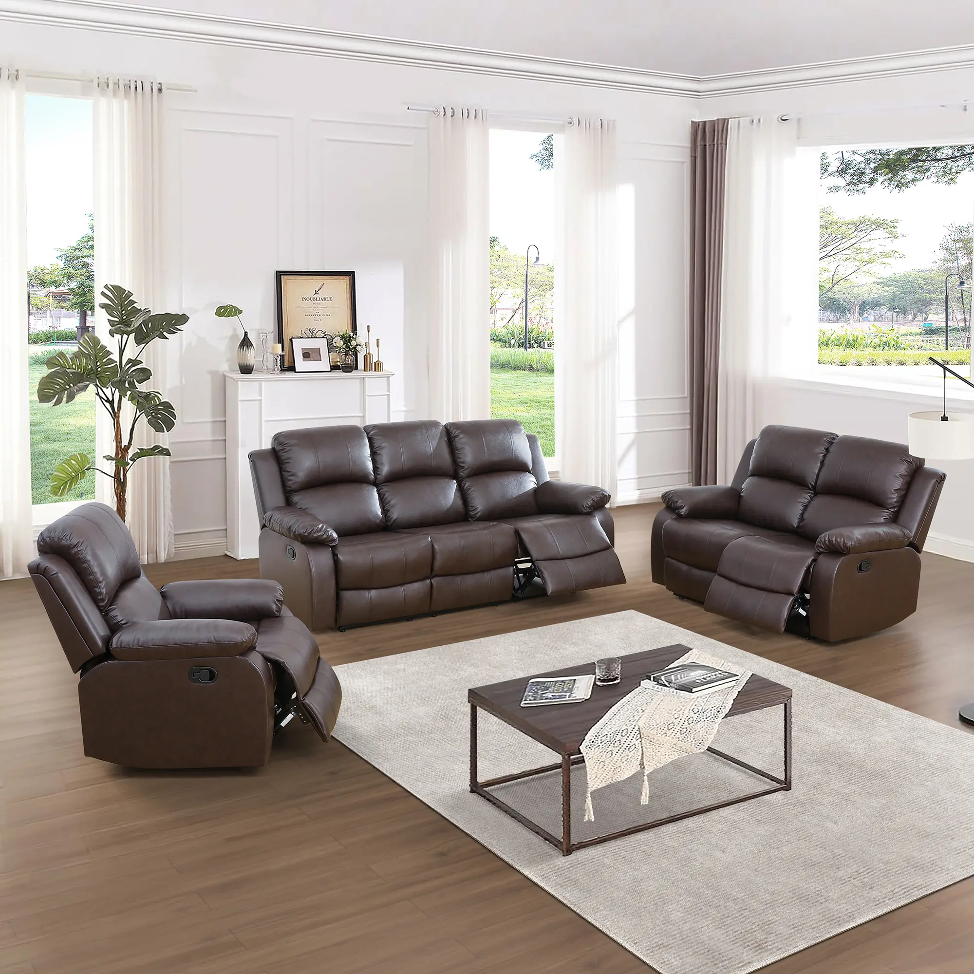 Brown-Toned 3-Piece Semi PU & PVC Cushioned Sofa Set - Dark, Double-Cushioned, Durability-Focused Upholstered Couch with Sturdy Frame, Modern Indoor Living Room Furniture for Home & Apartment Leisure, Brown-Toned Sofa Sets, Cushiony Sofa Sets