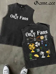 1 PCS Retro Washed Black Sleeveless Vest, Front & Back Funny "Only Fans" Pun Print with Assorted Fans Graphic, Humorous Casual Streetwear, 100% Cotton Unisex Oversized Tank, Great Gift for Pun & Fan Enthusiasts, GAME.ACE
