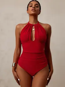Women's Red Halter Keyhole 1-Piece Swimsuit, Ruched Tummy Control Swimwear for Sports & Outdoor Activities Metal Decor Monokini