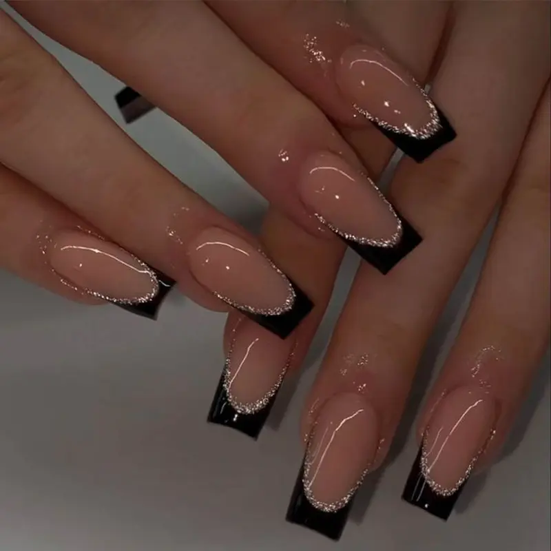 24pcs Medium Square Press-On Nails, French Style Glossy Finish, Reusable DIY Nail Art for Parties and Daily Wear, Shining Rhinestone, Decorative Nails, Nails Press Ons