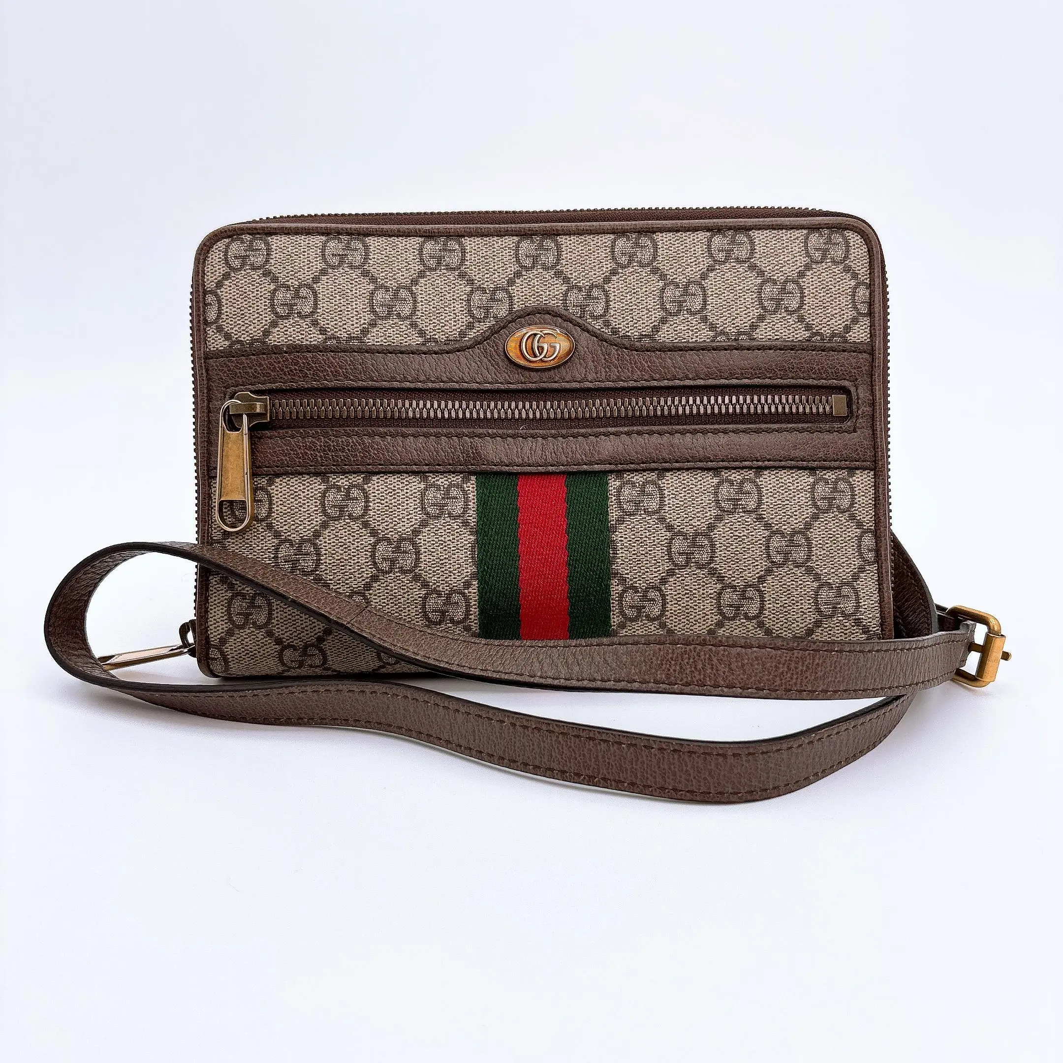 Pre-owned GUCCI GG Supreme Monogram Web Ophidia Double Zip Shoulder Bag Beige New Acero bag