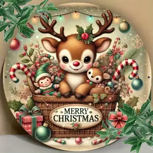 Merry Christmas Moose Round Aluminum Sign 8x8 Inch Seasonal Decor for Home Office Cafe