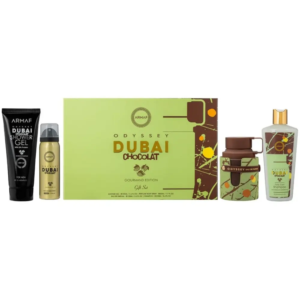 Armaf Odyssey Dubai Chocolat for Unisex 4 Piece Gift Set (3.4 Ounce, Shower Gel + 1.7 Ounce, Body Spray + 3.4 Ounce, Eau de Parfum + 8.4 Ounce, Shampoo)