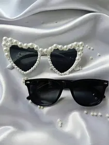 Vintage Heart-Shaped Couple Sunglasses Set, Y2K Style with Pearls, Perfect for Party/wedding, Women's Beach Accessories
