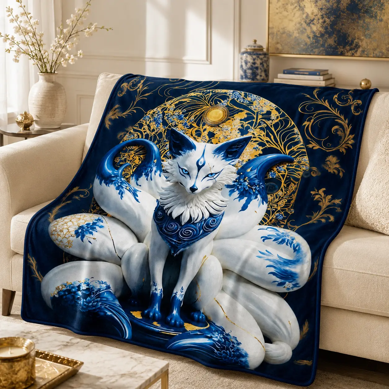 Elegant Blue-Golden 9-Tailed Fox Flannel Blanket - Soft, Cozy, Mystical Mythical Creature Throw, Ideal Birthday Gift for Fantasy Lovers, Aesthetic Bedroom Sofa Home Decor