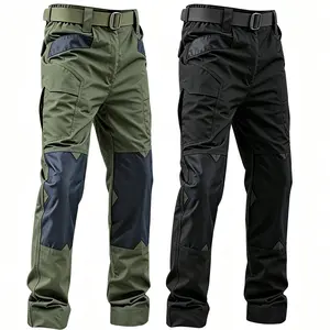 Men’s color-block tactical cargo work pants with multiple pockets and elastic cuffs with Velcro adjustment; available in various colors. Durable outdoor training pants suitable for fishing, hiking, camping, outdoor activities, work, and all seasons; belt