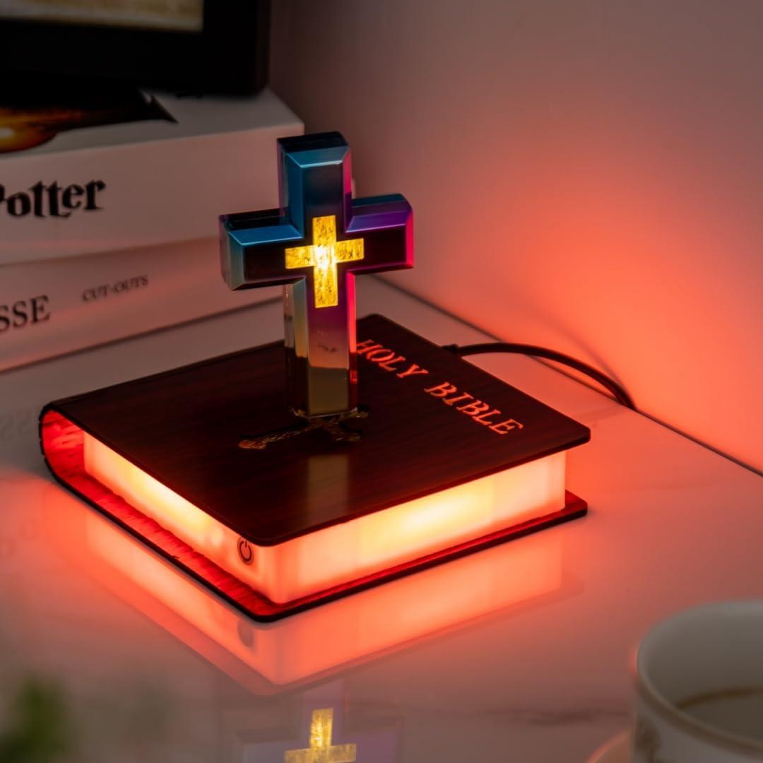 Levitating Cross Lamp, Floating Cross Night Light with Jesus & Bible Design, Magnetic Levitation Cross Lamp | Christian & Catholic Gift, Spiritual Home Decor, Easter Gift, Glowing Cross Ornament