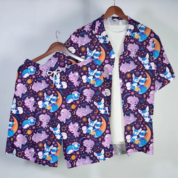 Fresh Summer Cute Psychic Kitten PKM Hawaiian Shirt Shorts Set, Youthful Anime Espurr Meowstic Button Shirt, Cosmic Galaxy Costume Suit Unisex