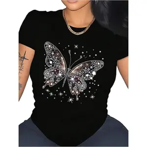Women's Sequin Glitter Butterfly Graphic Short Sleeve Crewneck T Shirt Casual Y2K Tops