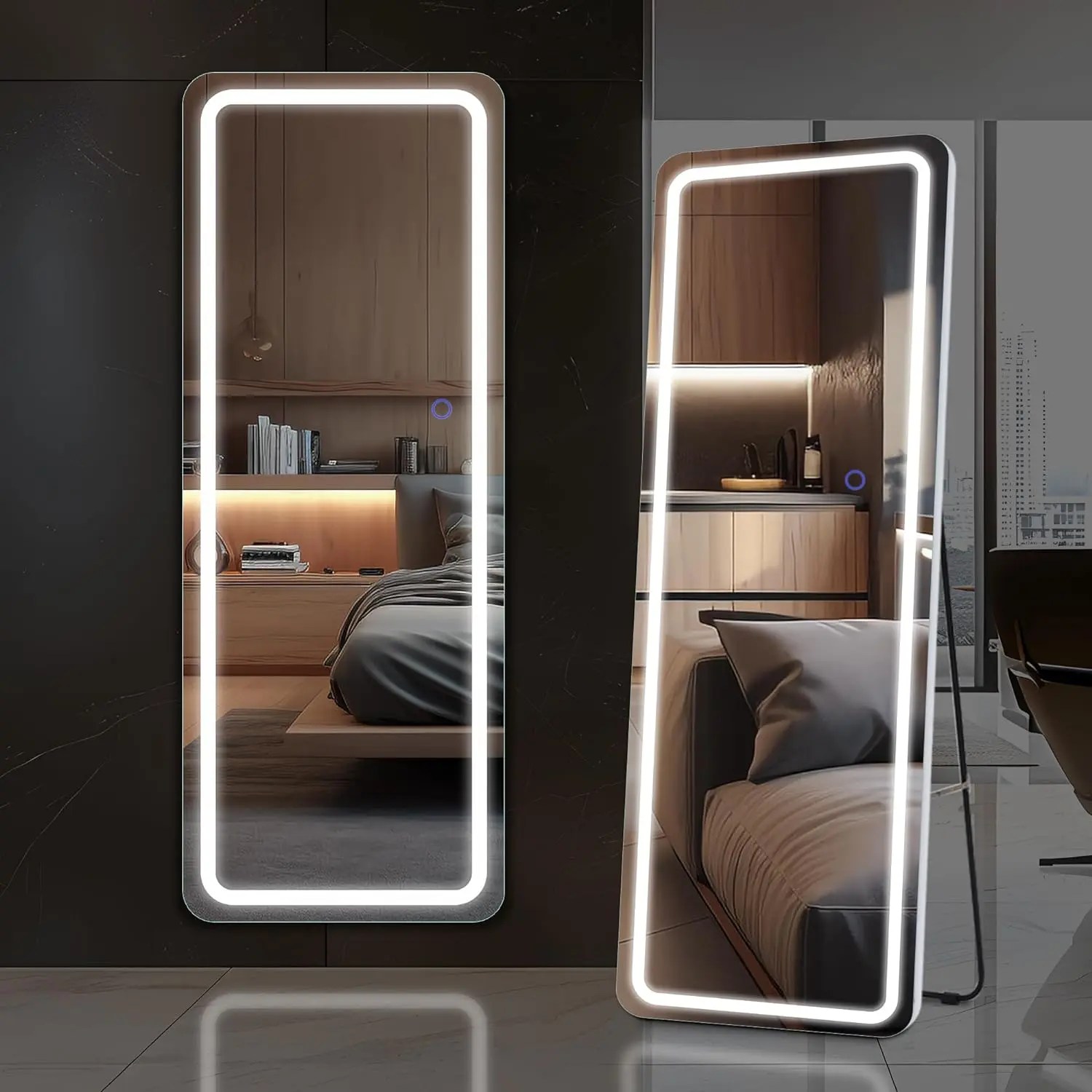 Full Length Mirror with LED Lights, 63"x20" Full Body Mirror, Free Standing &amp; Wall Mounted Hanging Mirror with Light for Bedroom, Aluminum Frame, Dimming &amp; 3 Color Lighting (White)
