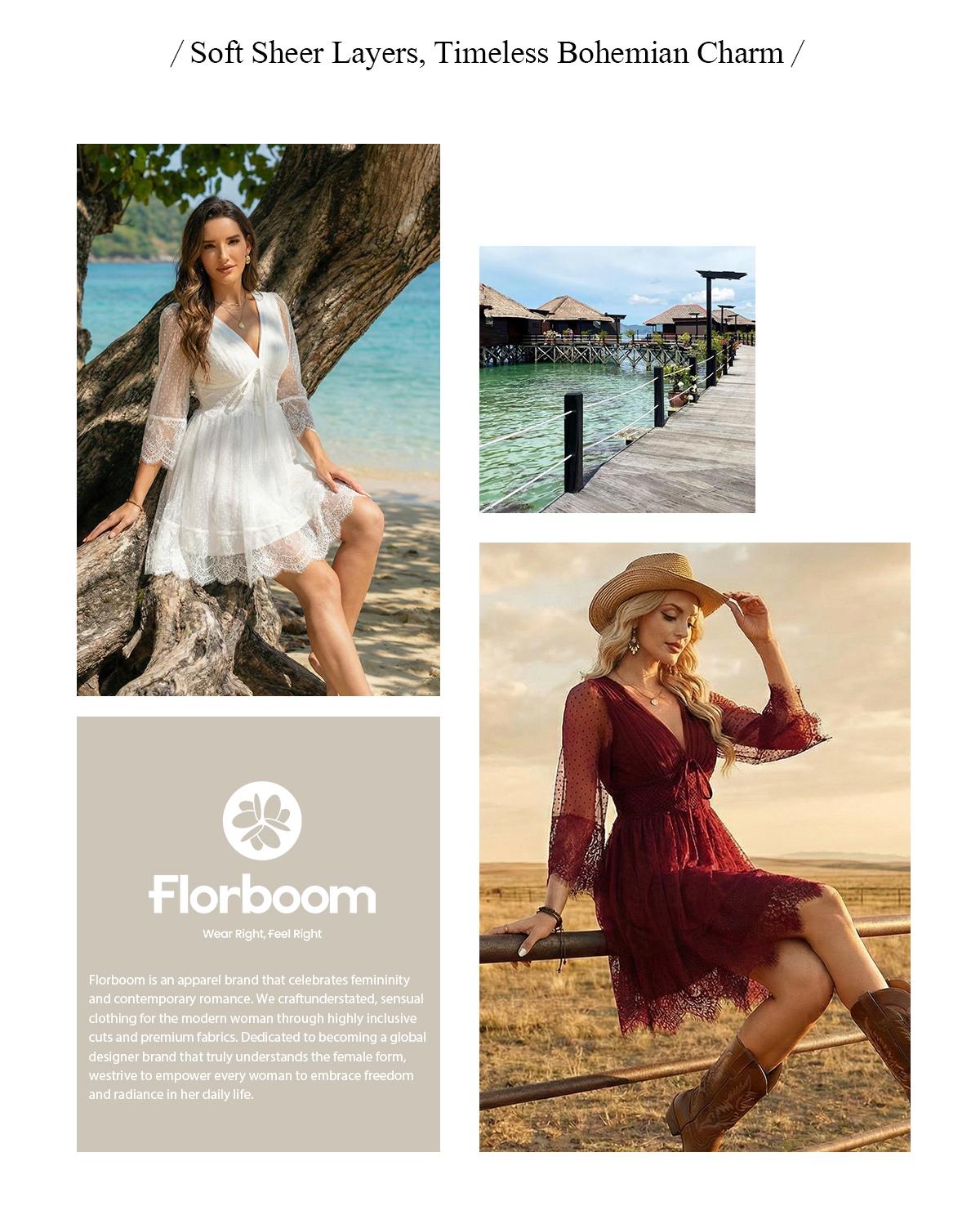 Florboom Women's Boho Sheer Lace Mini Dress – Deep V-Neck with Bow Tie & Ruffle Sleeves,Easter dress, Polka Dot Vintage Western Style Party Dress for Festivals & Date Nights Womenswear