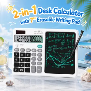 2-in-1 Desk Calculator with 7" Erasable Writing Pad, 12-Digit Large Display, Solar Powered, Big Buttons, Portable Office Supplies for Office & School