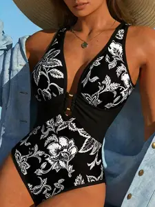Women’s Black Floral One Piece Swimsuit, Deep V Neck Cutout Monokini, High Cut Slimming Bathing Suit, Sexy Push Up Beachwear for Pool, Beach Vacation, Cruise and Resort Wear