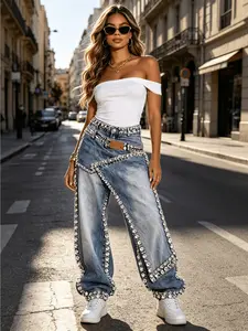 Women's Blue Trim Jeans - Waisted Crossover Faux 2pcs Wide Leg Pants