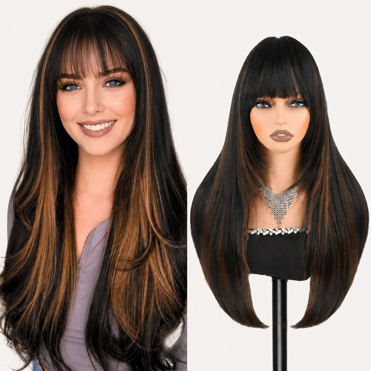 Auvzy Long Straight Layered Wig with Bangs for Women 26 inch Free Parting, Layered Hairstyle Synthetic Heat Resistant for Daily Party Use  for SummerWins