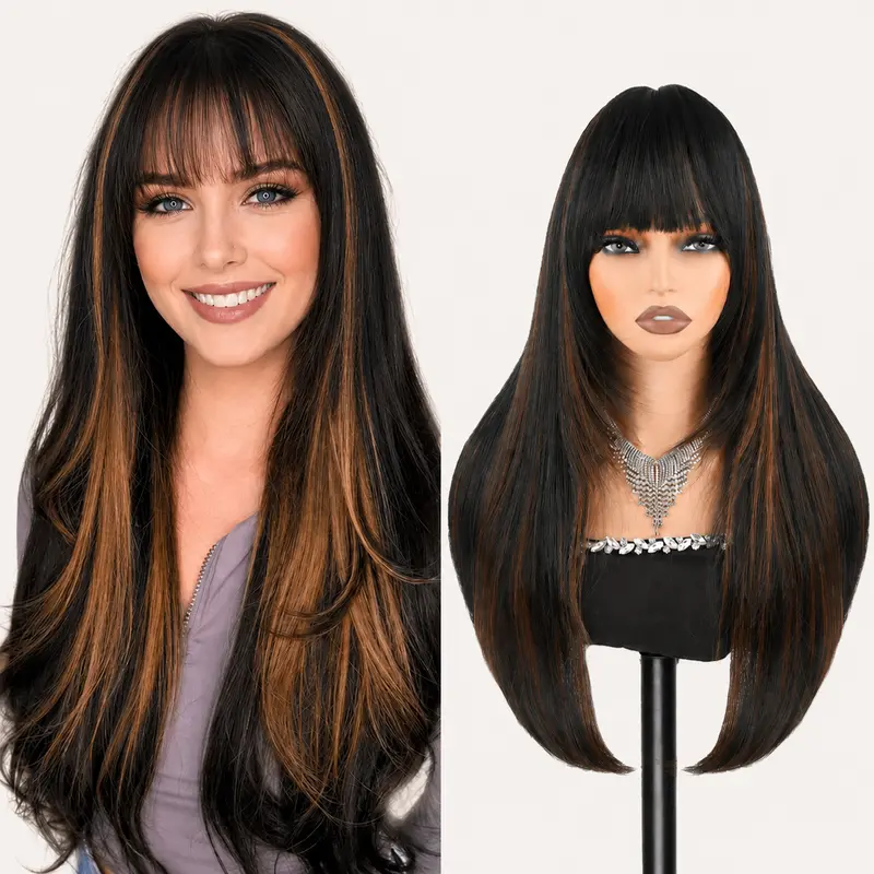 Auvzy Long Straight Layered Wig with Bangs for Women 26 inch Free Parting, Layered Hairstyle Synthetic Heat Resistant for Party Cosplay Use
