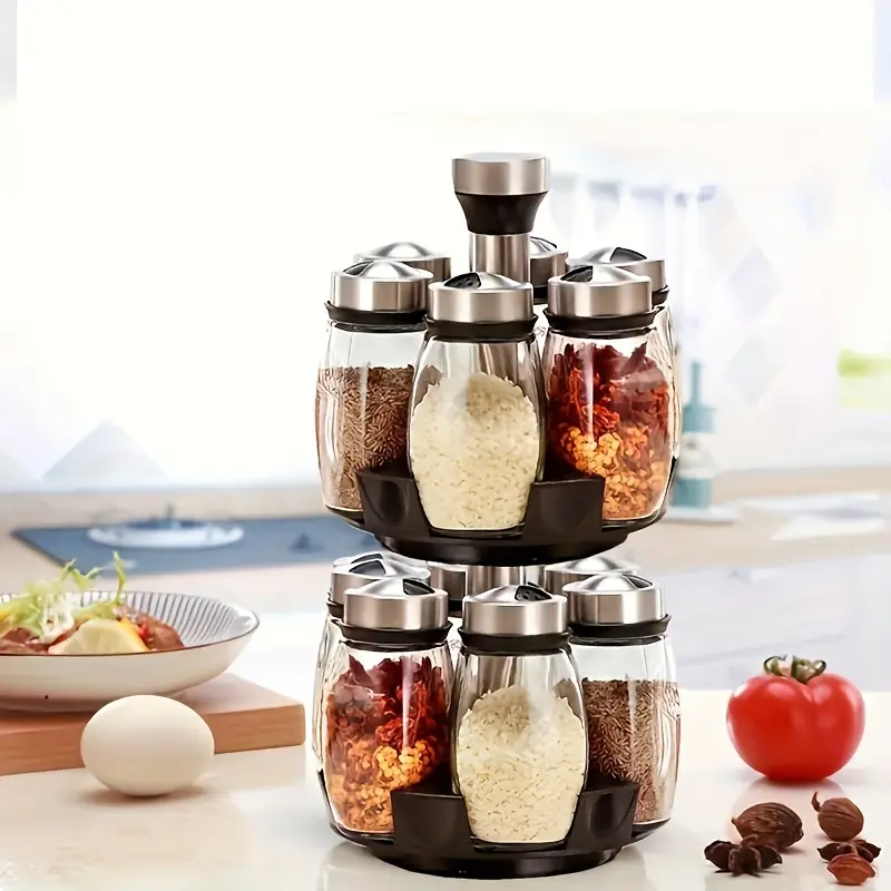 Double layer rotating spice rack360°Spice Rack Organizer Revolving Spice Rack,- Rotating Holder with 12 Glass Bottles Kitchen Seasoning organizer storage Canister Plastic Stainless