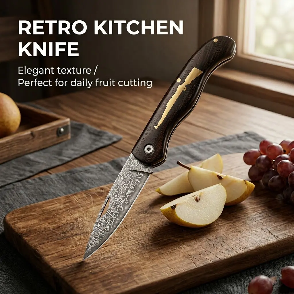 Premium Kitchenware Fruit Knife - Damascus Blade, Wooden Handle EDC Tool, Ideal for Adult Vintage Cooking, Summer Kitchen Gift