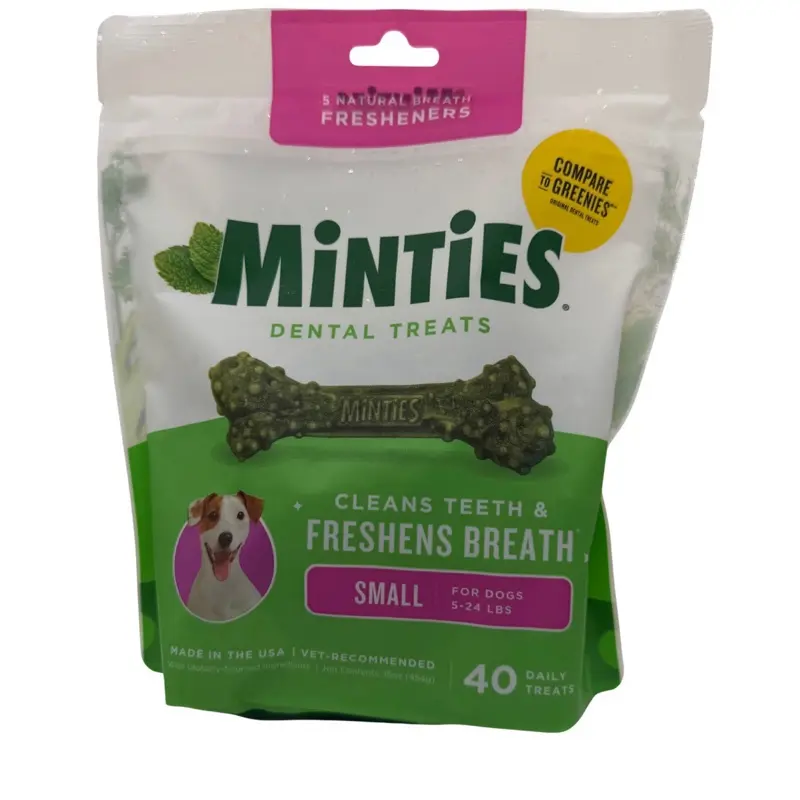 Minties Dental Treats for Dogs (40 Pack) – Small Dogs 5-24 lbs | Cleans Teeth, Freshens Breath, 5 Natural Breath Fresheners | Made in USA