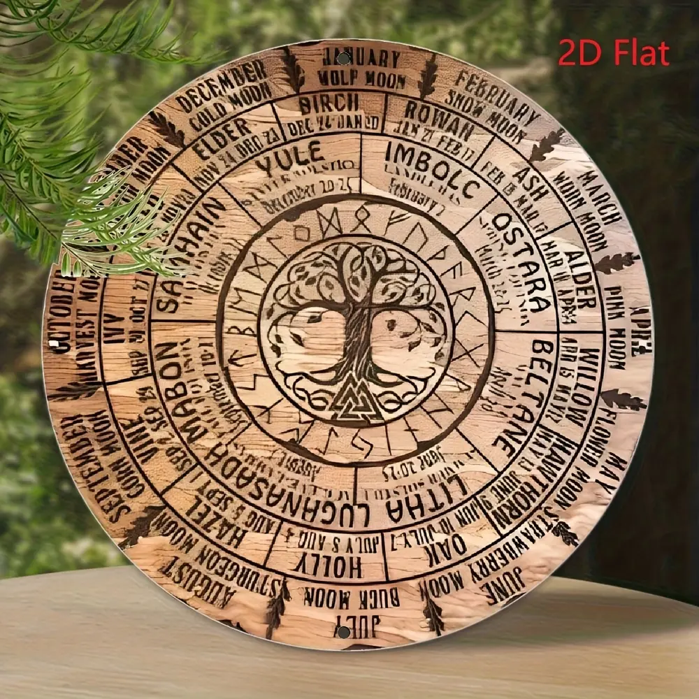1pc Vintage Aluminum Celtic Tree of Life Wheel Calendar Hanging Wall Plaque - 8x8in 2D Flat Printed Metal Home Decor, Dad/Bros Gift, Celtic Zodiac Norse Myth Pagan Collectibles, Anniversary Daily Use Item