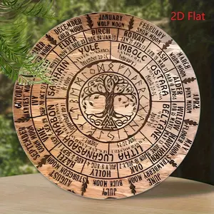 2D Flat, 1pc Vintage Aluminum Celtic Tree of Life Wheel Calendar - Rustic 8x8 Inch Round Wall Decor with Celtic Zodiac Signs, Norse Mythology & Pagan Holidays, 2D Printed Metal Sig