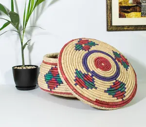 White Base Medulion 12'' Handwoven Lid Basket - Eco-Friendly Boho Storage Basket, Rustic Organizer, Wicker Fruit Holder, Sustainable Storage Solution for Home & Kitchen Decor
