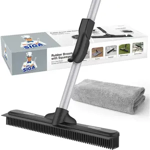 MR.SIGA Pet Hair Removal Rubber Broom with Built in Squeegee, 3 in 1 Floor Brush for Carpet, 61 inch Adjustable Handle, Includes 1 Microfiber Cloth for Floor Dusting deshedding slicker