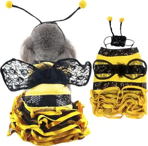 Bee  Halloween Costumes, Bumblebee Dress  Clothes with Cap, Funny Pet Halloween Outfit for Small Medium Large Dogs Cats Christmas Birthday Party Photo Props