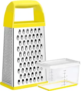 Professional Cheese Grater with Container - Stainless Steel Handheld Box Grater with 4 Sides for Vegetables, Ginger, Potatoes - Ergonomic Handle - Perfect for Kitchen Use (Yellow) Urbanstrive