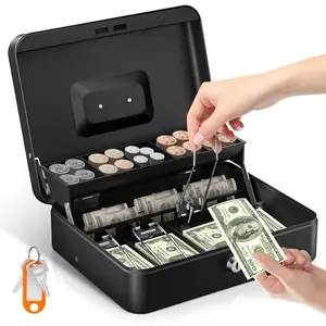 Box with  Tray and Lock, Large  Box for  Register, Safe Metal Lock Box with Key, Portable  Saving Box, Black Metal  Drawer, 11.9" x 9" x 3.7"