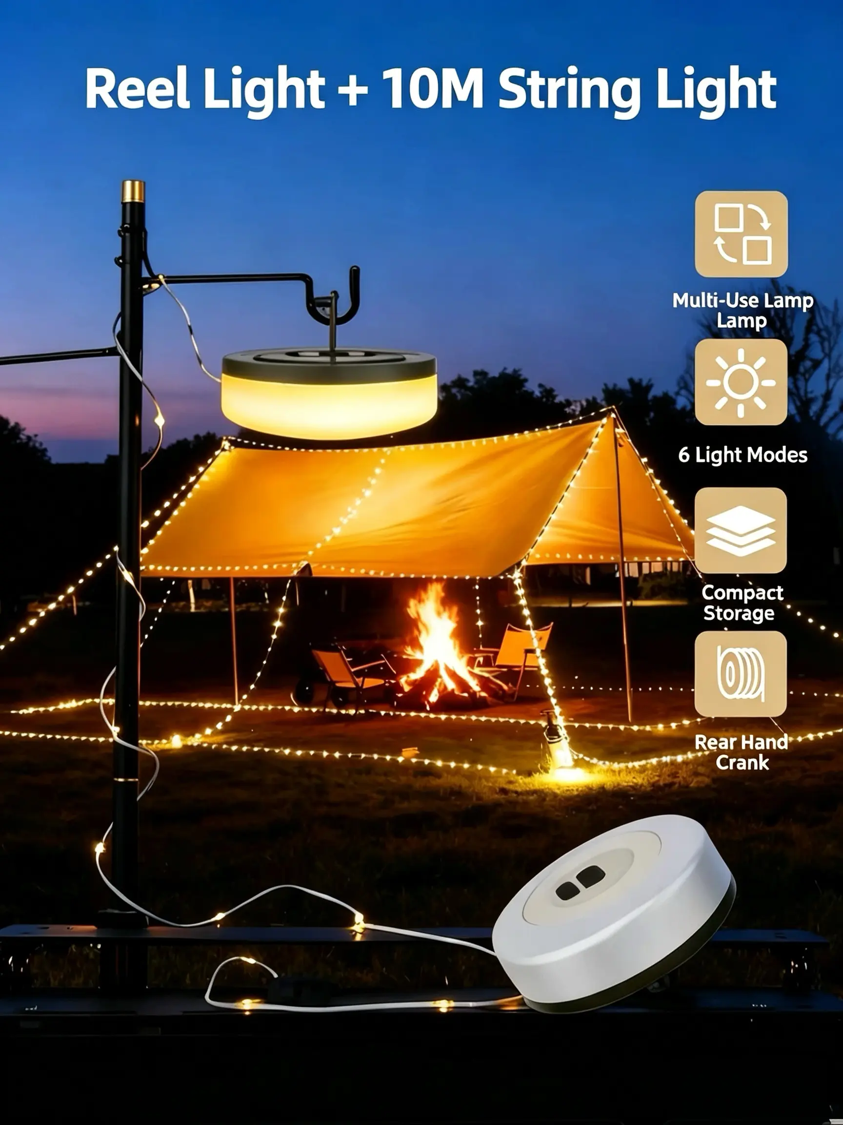 Outdoor Camping Compact 2-in-1 Retractable Fairy Lights - 32.8FT Rechargeable, 6 Lighting Modes, Waterproof Quick Storage Led Lighted Ambient Atmosphere Emergency Lamp