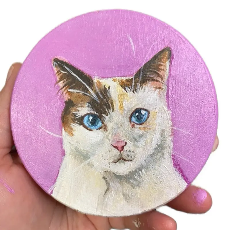 Pet portrait ornament wooden round custom art