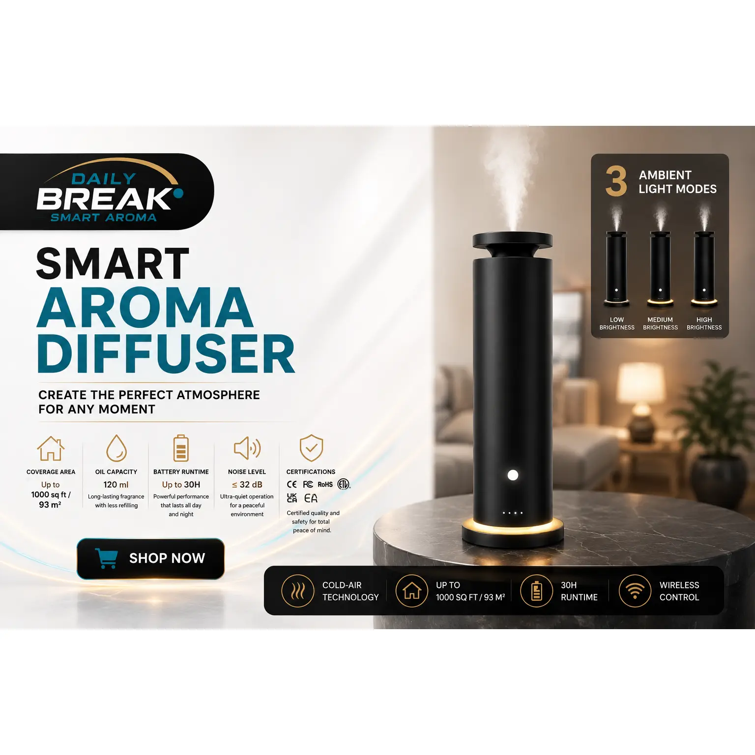 Smart Waterless Aroma Diffuser Black 120ml Oil Capacity 30 Hours Runtime Cold-Air Diffusion 3 Light Modes Wireless Remote Control