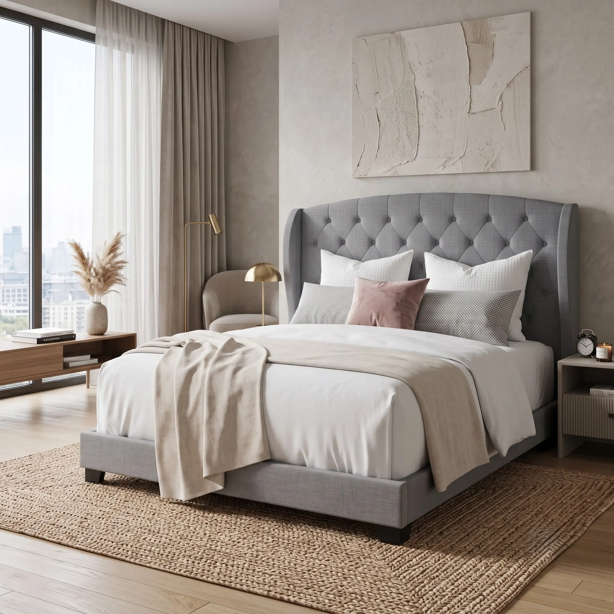 Favorer Natick Queen Upholstered Wingback Panel Bed Frame with Tufted Headboard