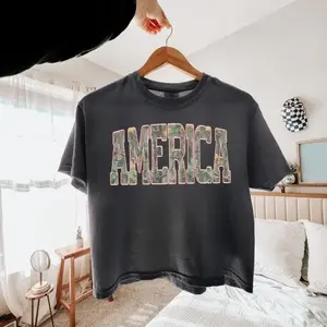 Camo America 4th of July Boxy Tee, USA Cropped T Shirt, America Retro Distressed T-Shirt, Patriotic Hunting Lovers Clothes, Camouflage Fourth of July Shirt