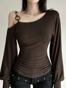 Women's Y2K Aesthetic Asymmetrical Shoulder Beaded Long Sleeve Top, Slim Fit Street Style Spring New Arrival, Boho Casual Top