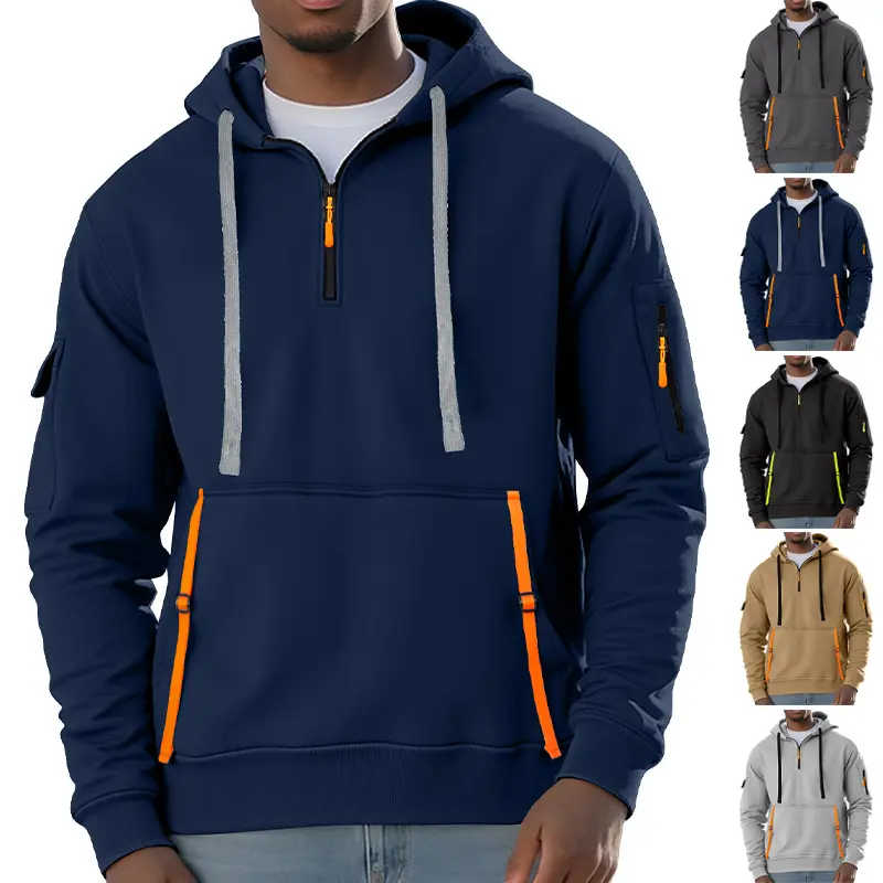 American workwear men’s half-zip hooded sweatshirt with contrasting zipper and drawstring design, kangaroo pocket on each arm, multiple pockets for outdoor casual wear, solid color long sleeves, pullover hoodie